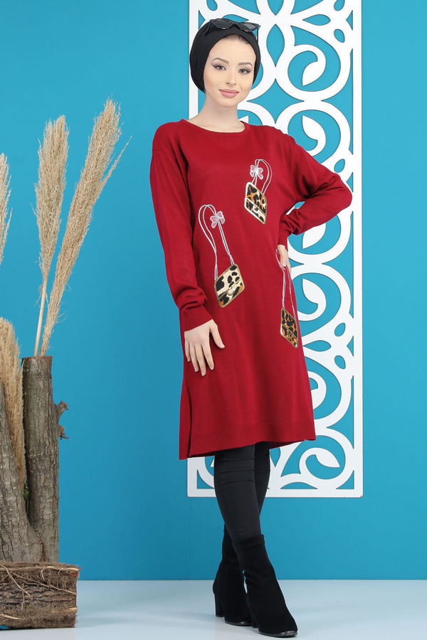 Düz Orta Kadın Bordo Triko Tunik Siyah  - 7886 BORDO