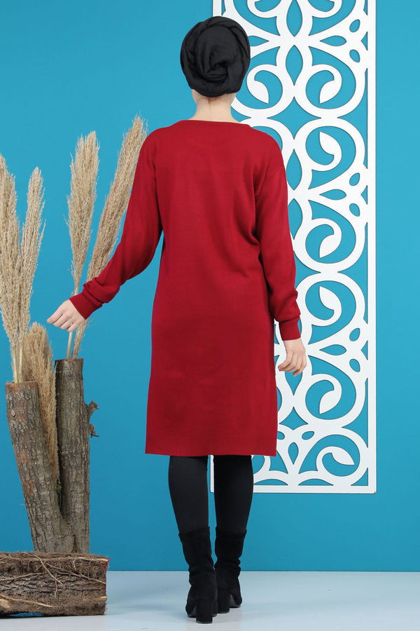 Düz Orta Kadın Bordo Triko Tunik Siyah  - 7886 BORDO