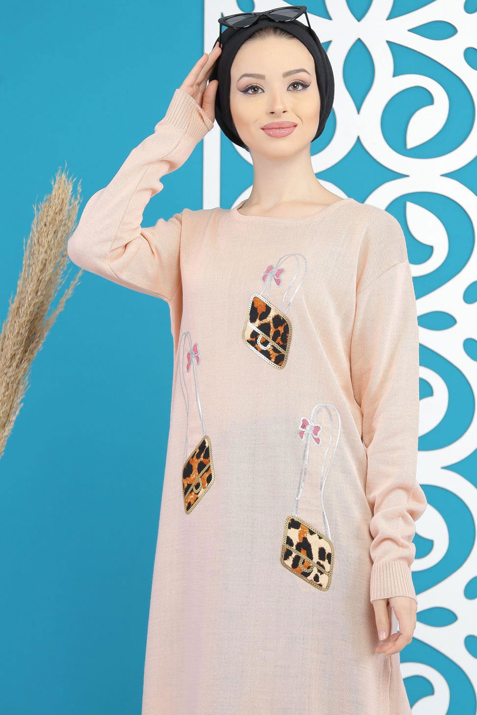 Düz Orta Kadın Pembe Triko Tunik Siyah  - 7886 PEMBE