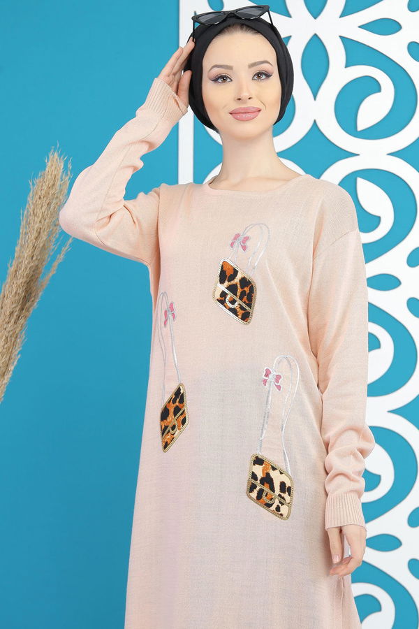 Düz Orta Kadın Pembe Triko Tunik Siyah  - 7886 PEMBE