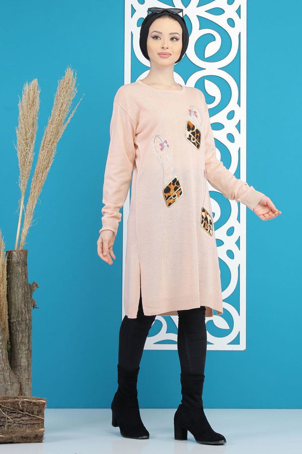 Düz Orta Kadın Pembe Triko Tunik Siyah  - 7886 PEMBE