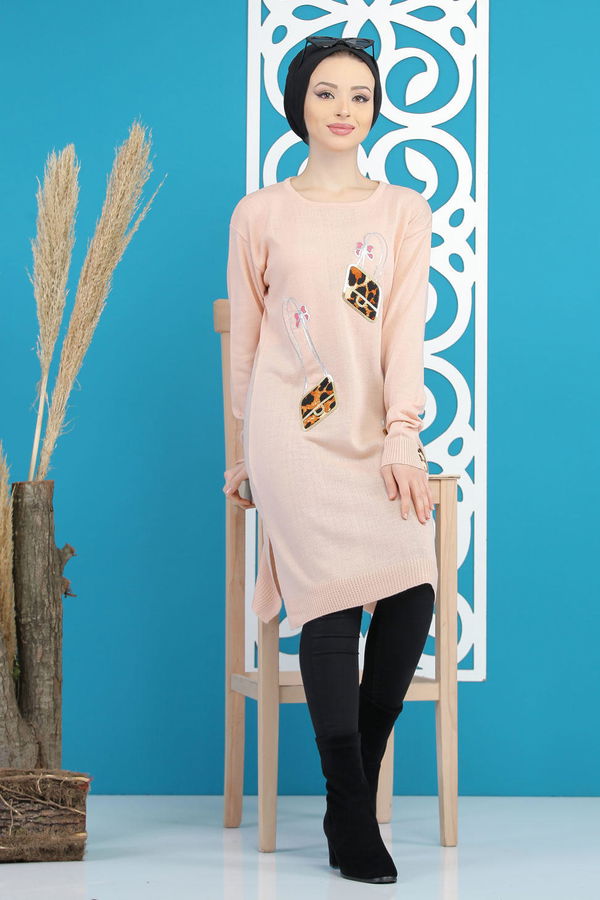 Düz Orta Kadın Pembe Triko Tunik Siyah  - 7886 PEMBE