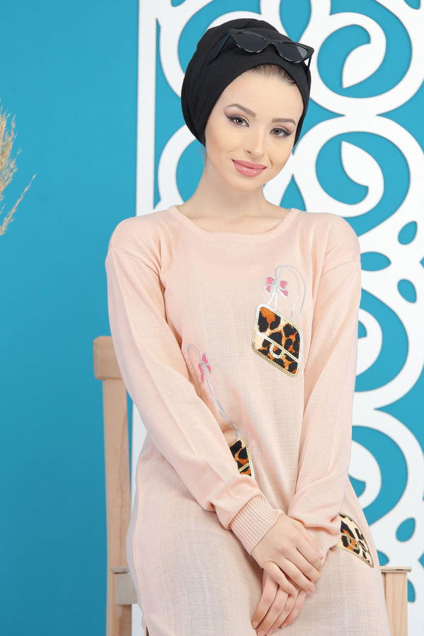 Düz Orta Kadın Pembe Triko Tunik Siyah  - 7886 PEMBE