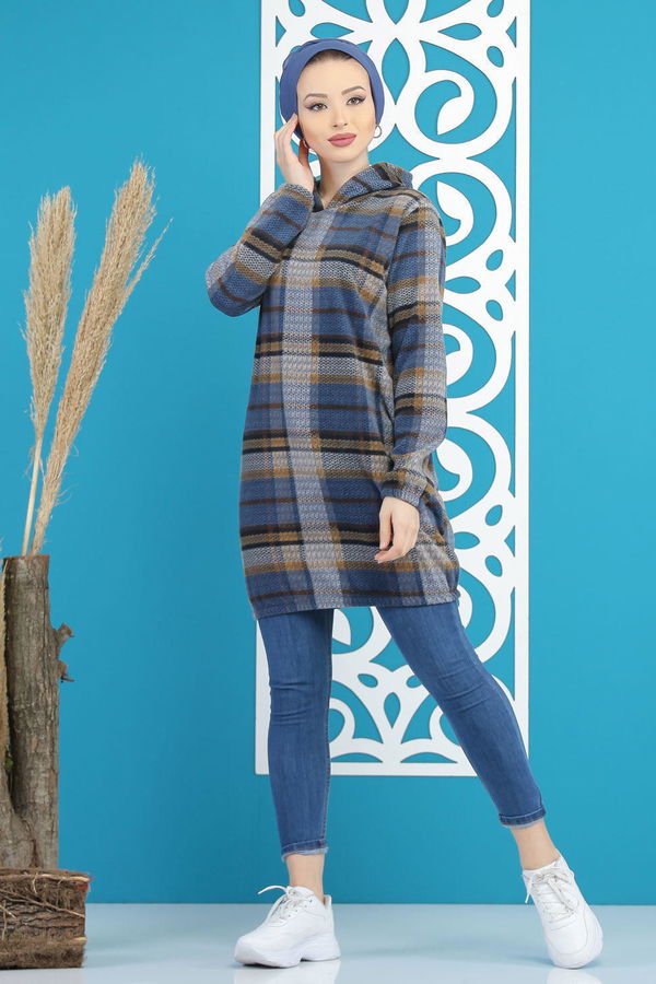 Düz Orta Kadın Mavi Kapşonlu Polar Tunik Lacivert  - 7880