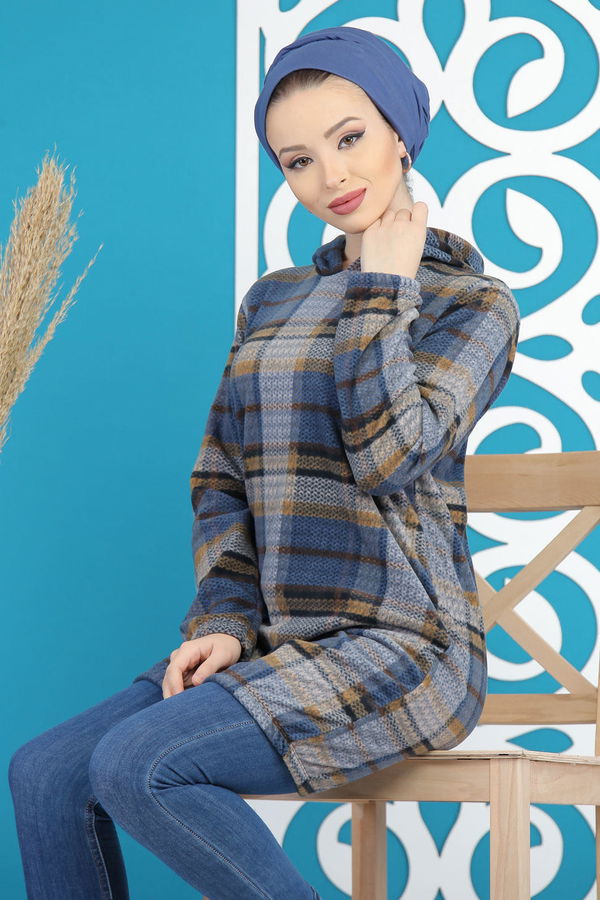 Düz Orta Kadın Mavi Kapşonlu Polar Tunik Lacivert  - 7880