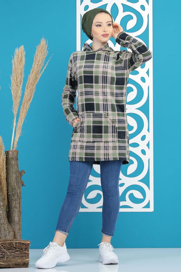 Düz Orta Kadın Yeşil Cepli Polar Tunik Lacivert  - 7878 YEŞİL