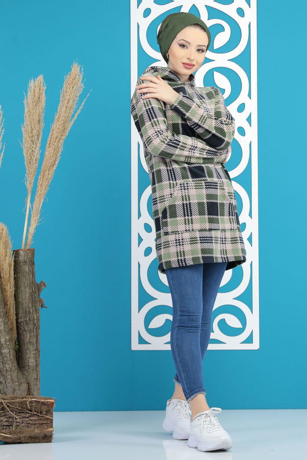 Düz Orta Kadın Yeşil Cepli Polar Tunik Lacivert  - 7878 YEŞİL