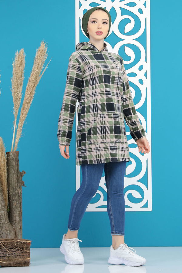 Düz Orta Kadın Yeşil Cepli Polar Tunik Lacivert  - 7878 YEŞİL