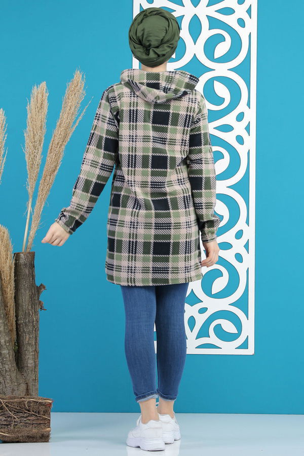 Düz Orta Kadın Yeşil Cepli Polar Tunik Lacivert  - 7878 YEŞİL