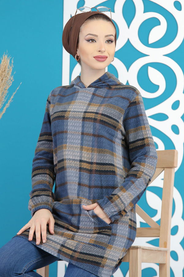 Düz Orta Kadın Mavi Cepli Polar Tunik Lacivert  - 7878 MAVİ