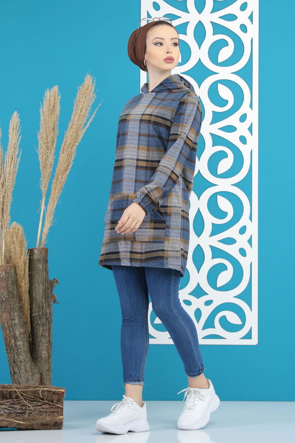 Düz Orta Kadın Mavi Cepli Polar Tunik Lacivert  - 7878 MAVİ