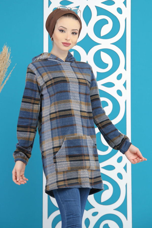 Düz Orta Kadın Mavi Cepli Polar Tunik Lacivert  - 7878 MAVİ