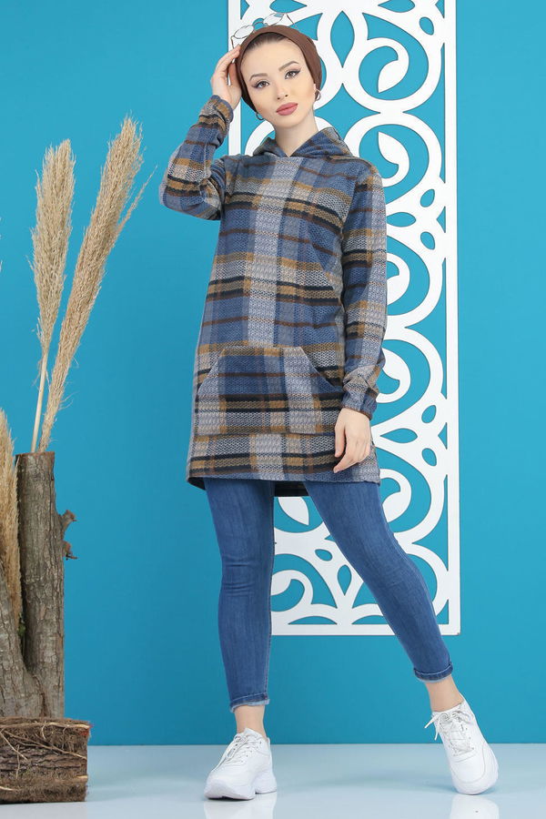 Düz Orta Kadın Mavi Cepli Polar Tunik Lacivert  - 7878 MAVİ