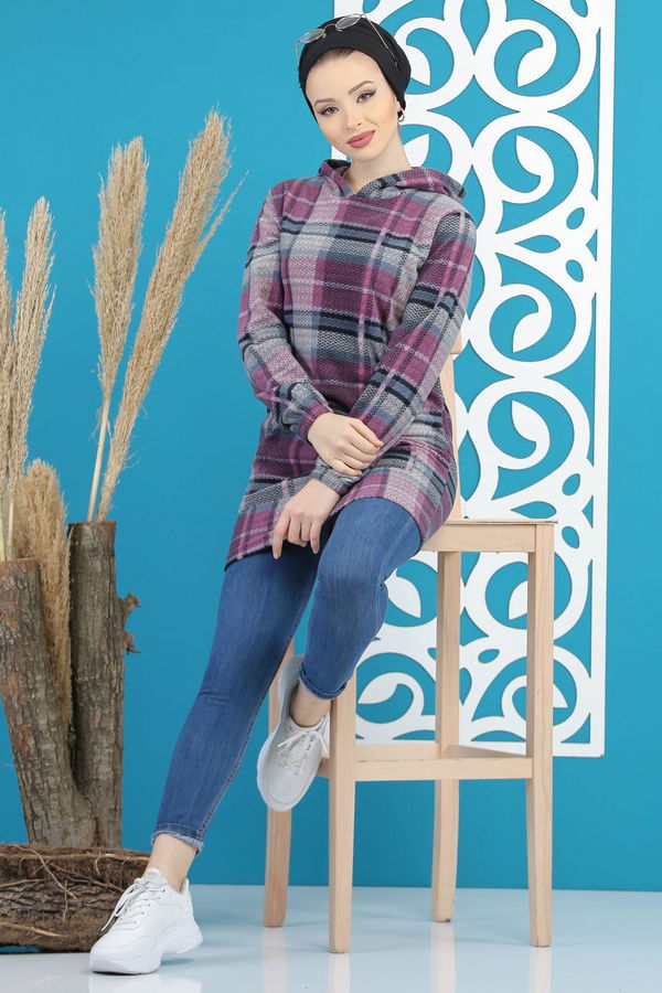 Düz Orta Kadın Mor Cepli Polar Tunik Lacivert  - 7878 MOR