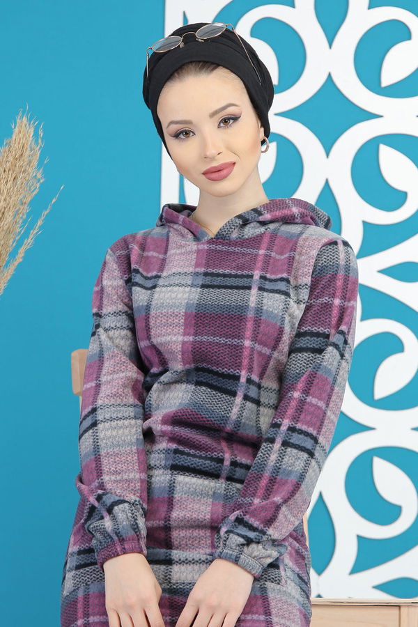 Düz Orta Kadın Mor Cepli Polar Tunik Lacivert  - 7878 MOR