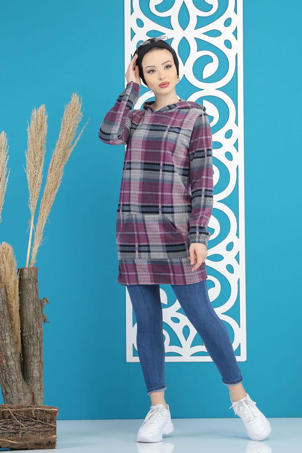 Düz Orta Kadın Mor Cepli Polar Tunik Lacivert  - 7878 MOR
