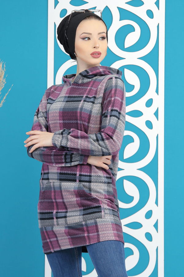 Düz Orta Kadın Mor Cepli Polar Tunik Lacivert  - 7878 MOR