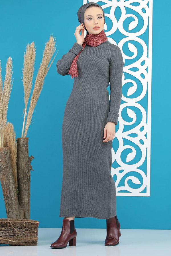 Düz Orta Kadın Antrasit Bogazlı Triko Elbise Siyah  - 7801 ANTRASİT