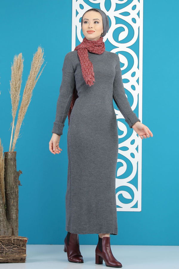 Düz Orta Kadın Antrasit Bogazlı Triko Elbise Siyah  - 7801 ANTRASİT