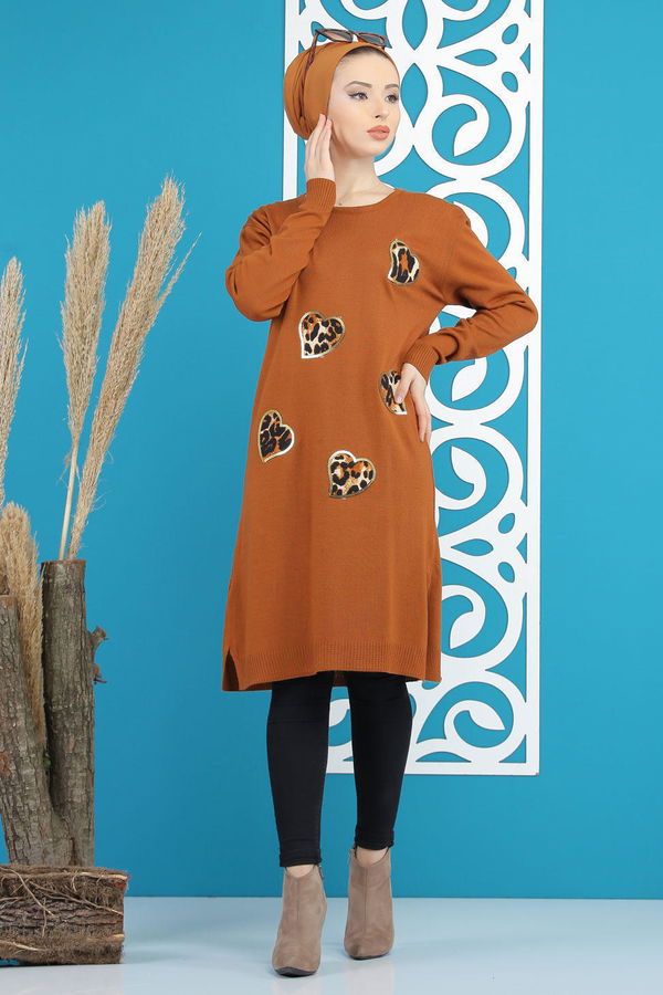Düz Orta Kadın Taba Triko Tunik Siyah  - 7890 TABA