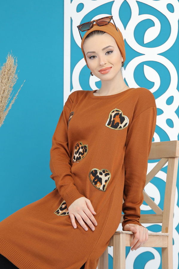 Düz Orta Kadın Taba Triko Tunik Siyah  - 7890 TABA