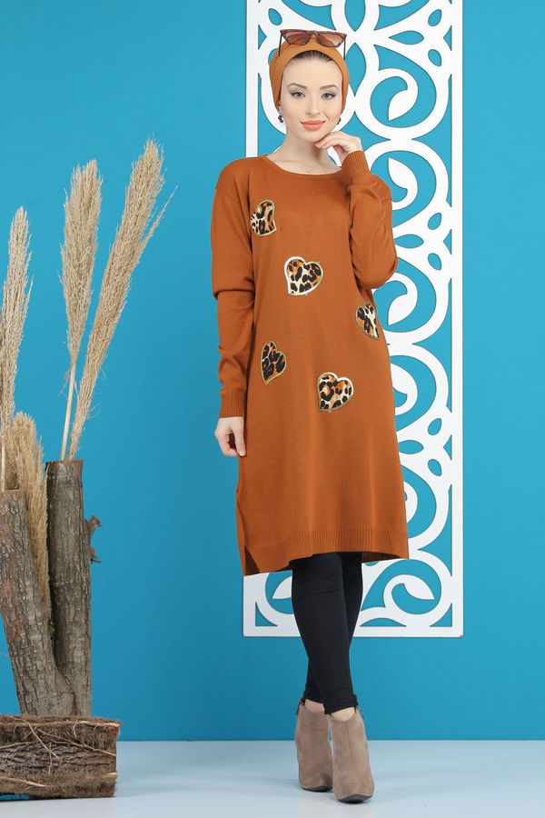 Düz Orta Kadın Taba Triko Tunik Siyah  - 7890 TABA