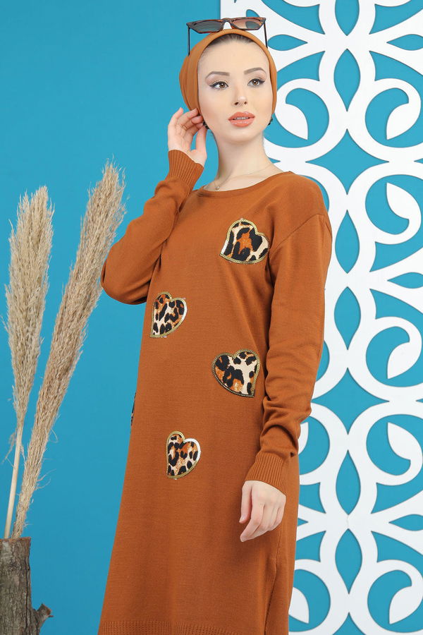 Düz Orta Kadın Taba Triko Tunik Siyah  - 7890 TABA