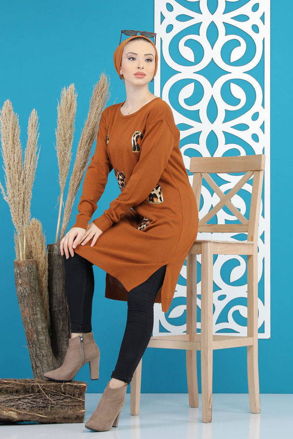 Düz Orta Kadın Taba Triko Tunik Siyah  - 7890 TABA
