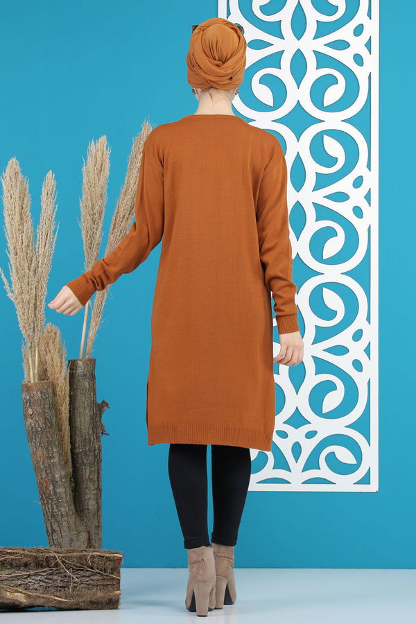 Düz Orta Kadın Taba Triko Tunik Siyah  - 7890 TABA
