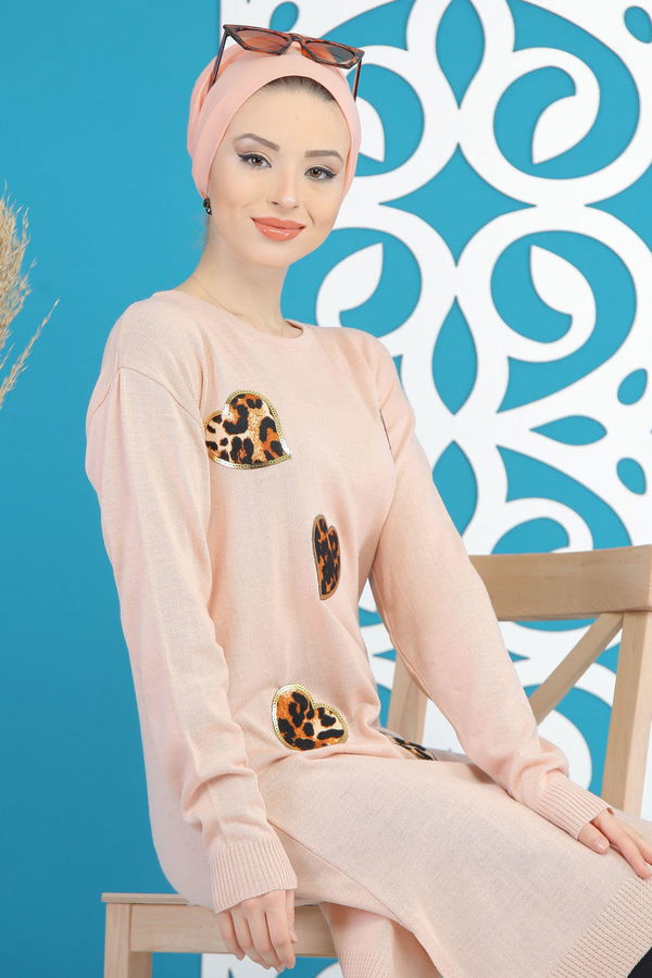 Düz Orta Kadın Pembe Triko Tunik Siyah  - 7890 PEMBE