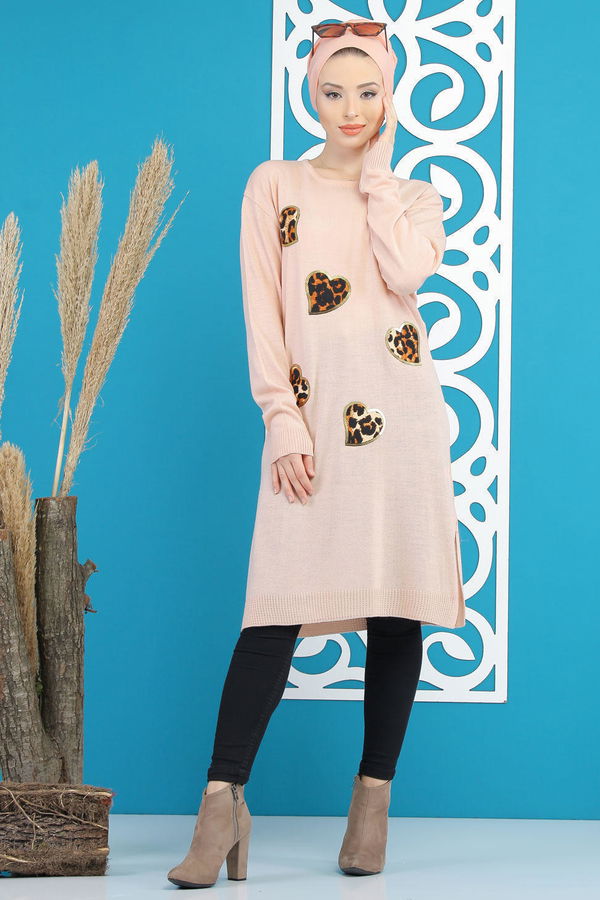 Düz Orta Kadın Pembe Triko Tunik Siyah  - 7890 PEMBE