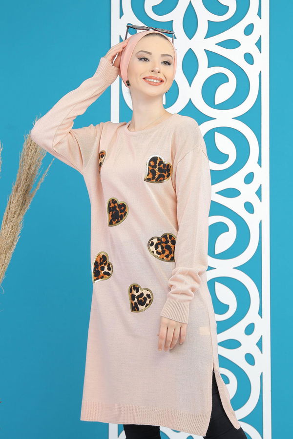 Düz Orta Kadın Pembe Triko Tunik Siyah  - 7890 PEMBE