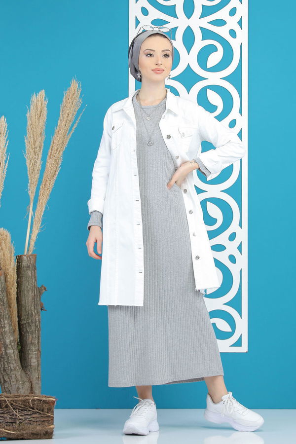 Düz Orta Kadın Gri Triko Elbise Siyah  - 5191 GRİ