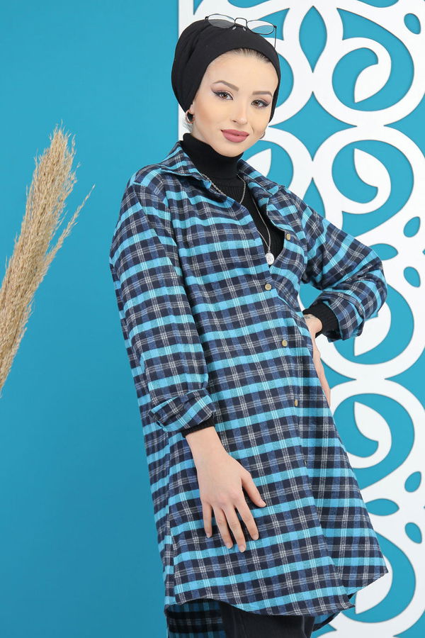 Düz Orta Kadın Mavi Ekose Tunik Mavi  - 7895 MAVİ