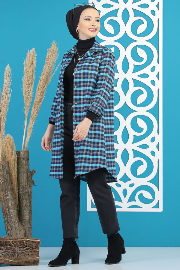 Düz Orta Kadın Mavi Ekose Tunik Mavi  - 7895 MAVİ