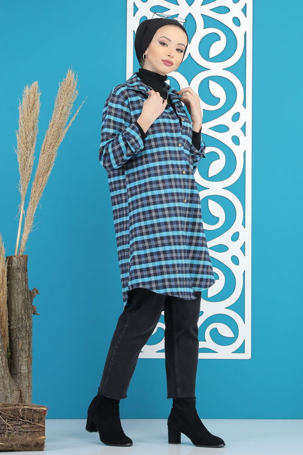 Düz Orta Kadın Mavi Ekose Tunik Mavi  - 7895 MAVİ