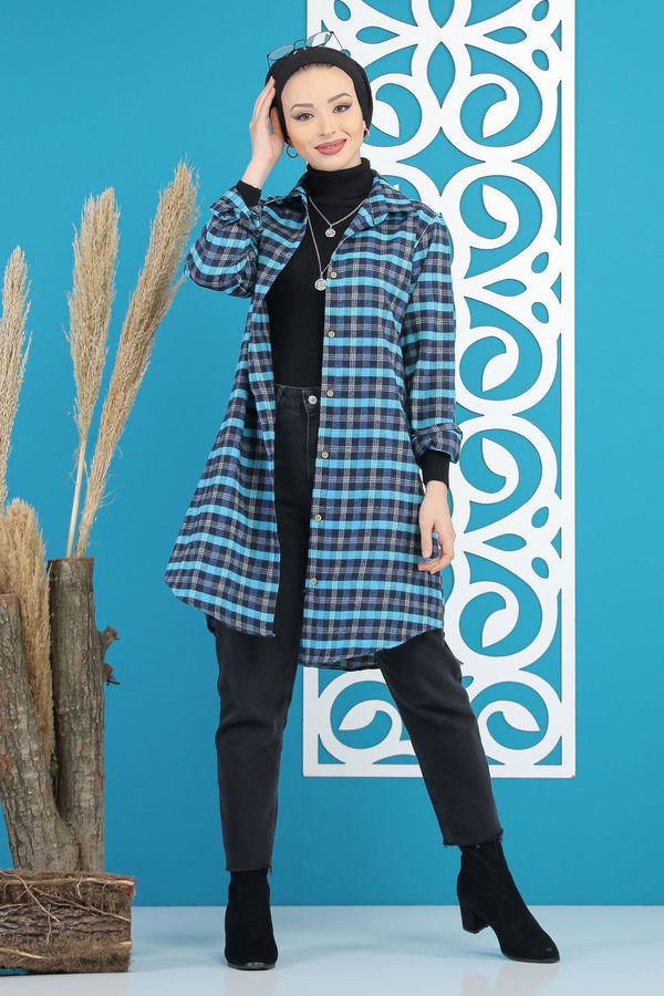 Düz Orta Kadın Mavi Ekose Tunik Mavi  - 7895 MAVİ
