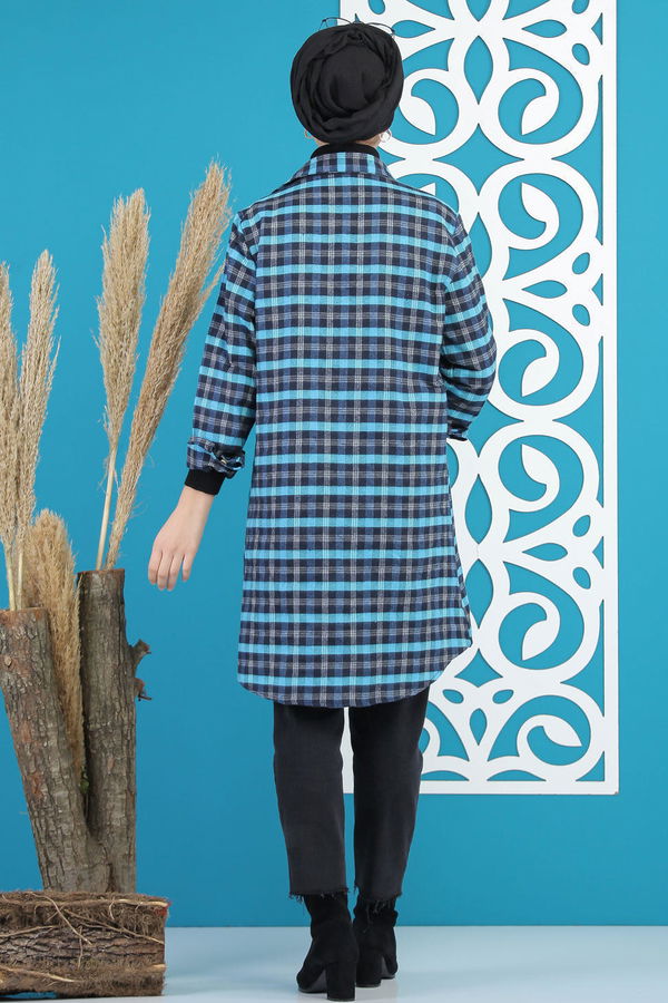 Düz Orta Kadın Mavi Ekose Tunik Mavi  - 7895 MAVİ