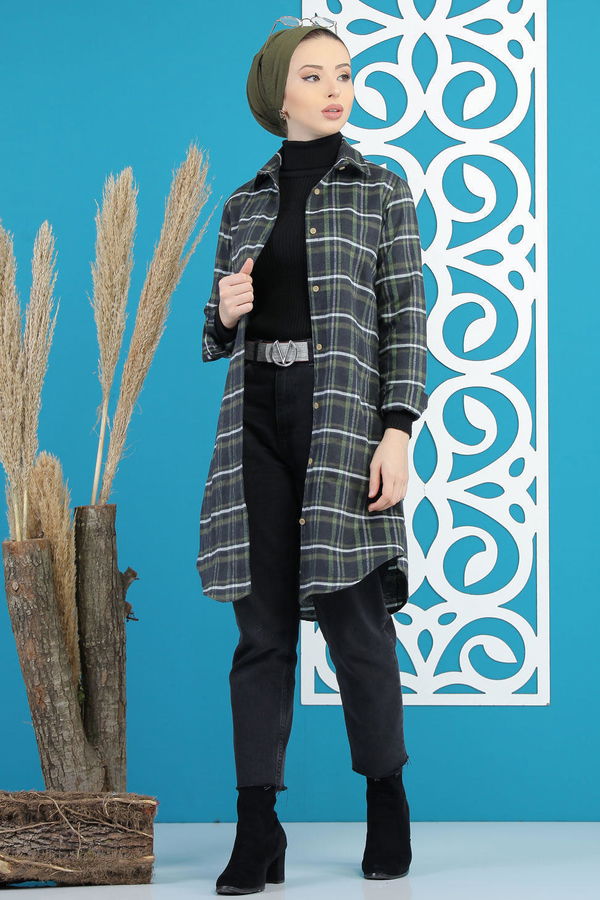 Düz Orta Kadın Siyah Ekose Tunik Siyah Haki - 7893 - 7893