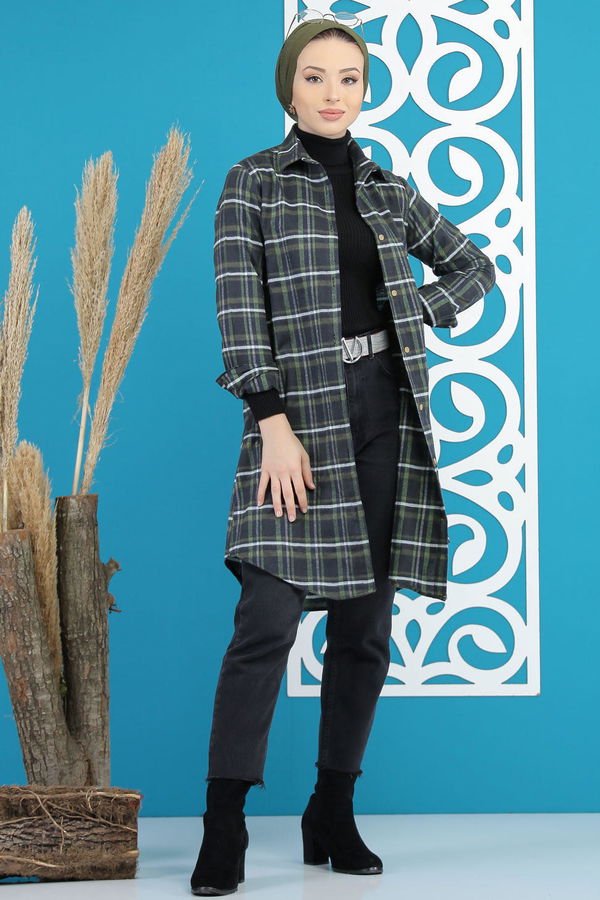 Düz Orta Kadın Siyah Ekose Tunik Siyah Haki - 7893 - 7893