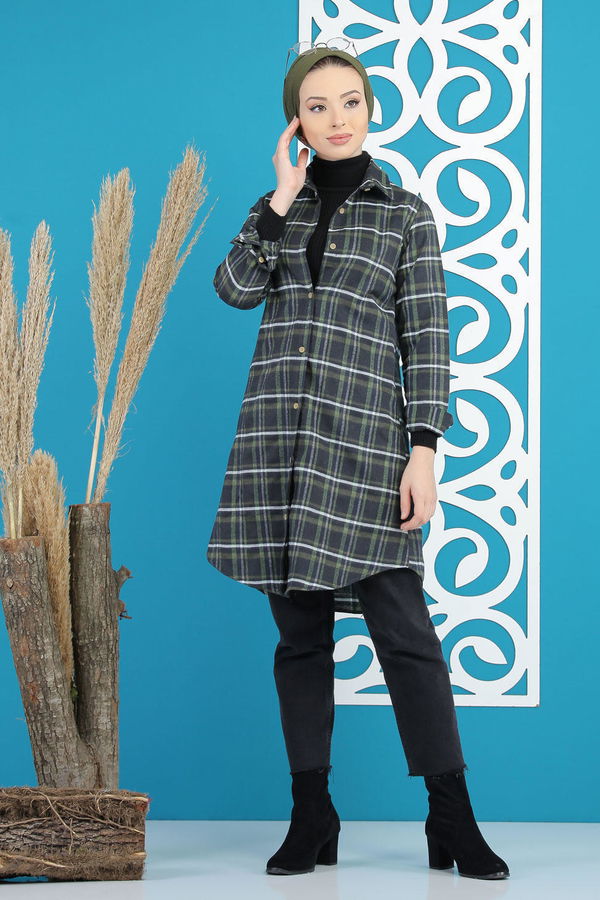 Düz Orta Kadın Siyah Ekose Tunik Siyah Haki - 7893 - 7893