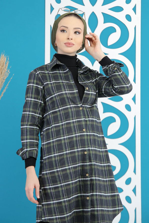 Düz Orta Kadın Siyah Ekose Tunik Siyah Haki - 7893 - 7893