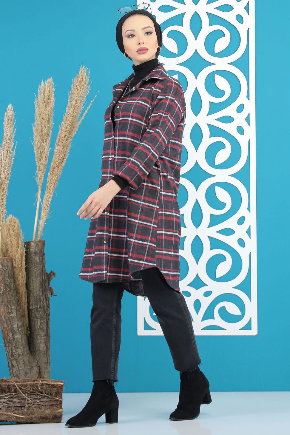 Düz Orta Kadın Siyah Ekose Tunik Siyah Bordo - 7893 - 7893