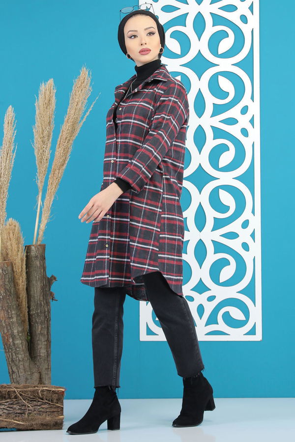 Düz Orta Kadın Siyah Ekose Tunik Siyah Bordo - 7893 - 7893