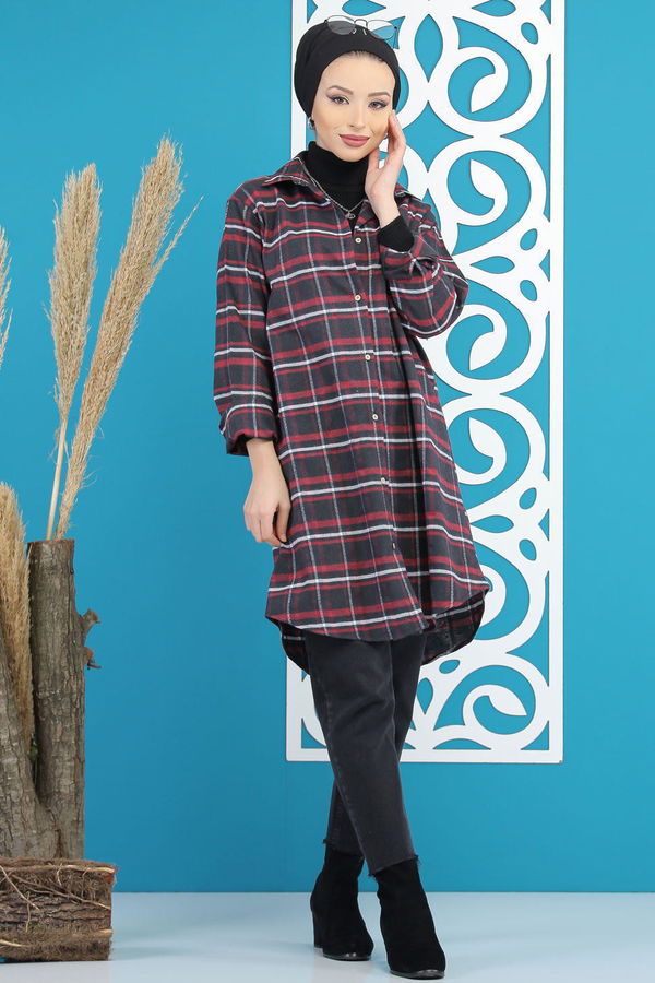 Düz Orta Kadın Siyah Ekose Tunik Siyah Bordo - 7893 - 7893