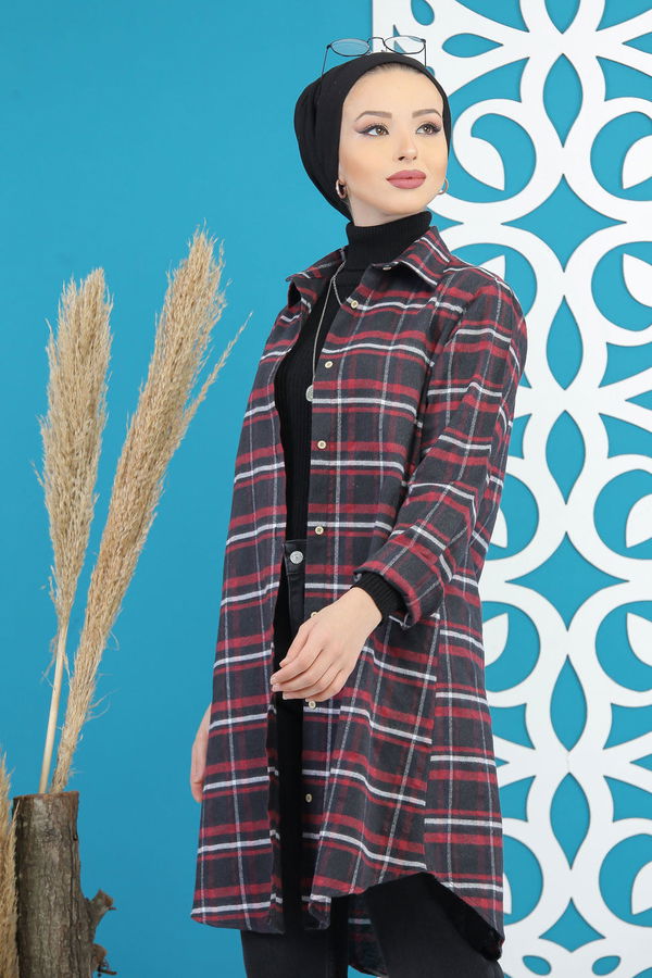 Düz Orta Kadın Siyah Ekose Tunik Siyah Bordo - 7893 - 7893