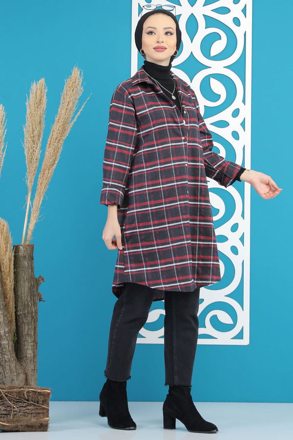 Düz Orta Kadın Siyah Ekose Tunik Siyah Bordo - 7893 - 7893