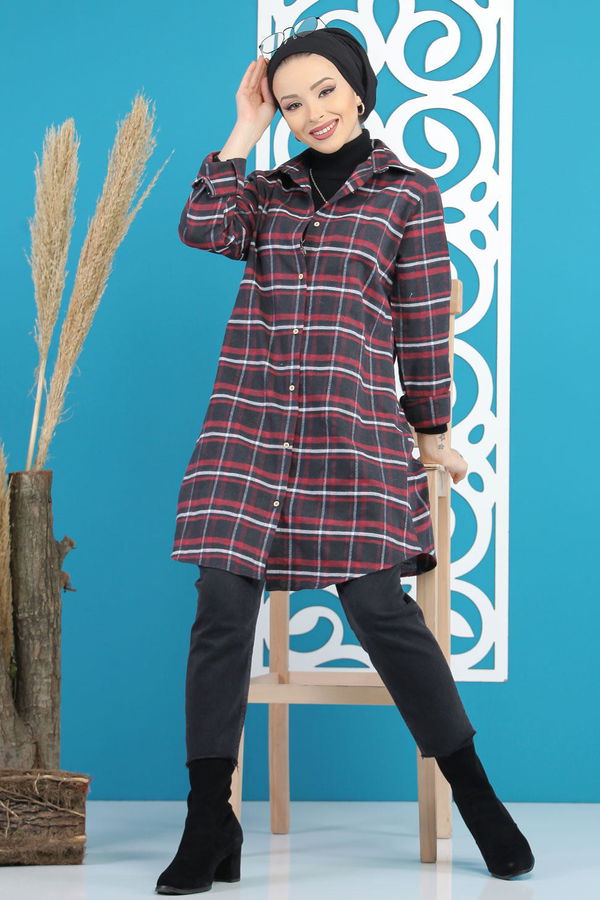 Düz Orta Kadın Siyah Ekose Tunik Siyah Bordo - 7893 - 7893