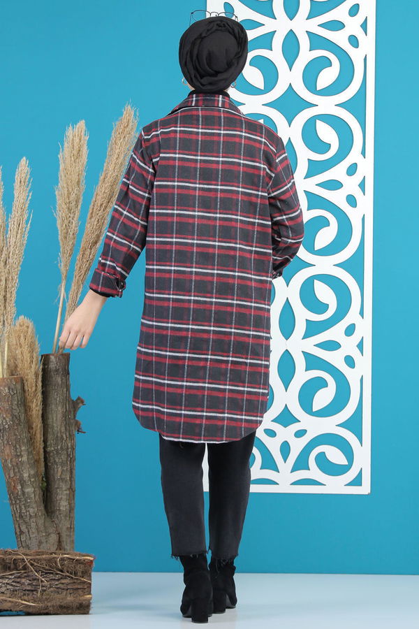 Düz Orta Kadın Siyah Ekose Tunik Siyah Bordo - 7893 - 7893