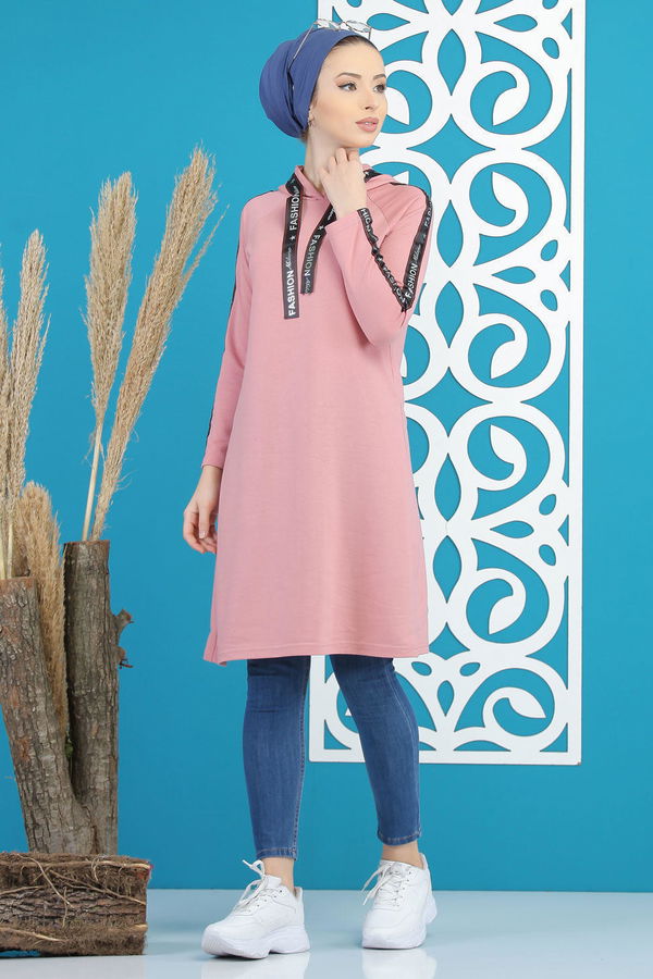 Düz Orta Kadın Pembe Kapşonlu Tunik Siyah  - 7689 PEMBE